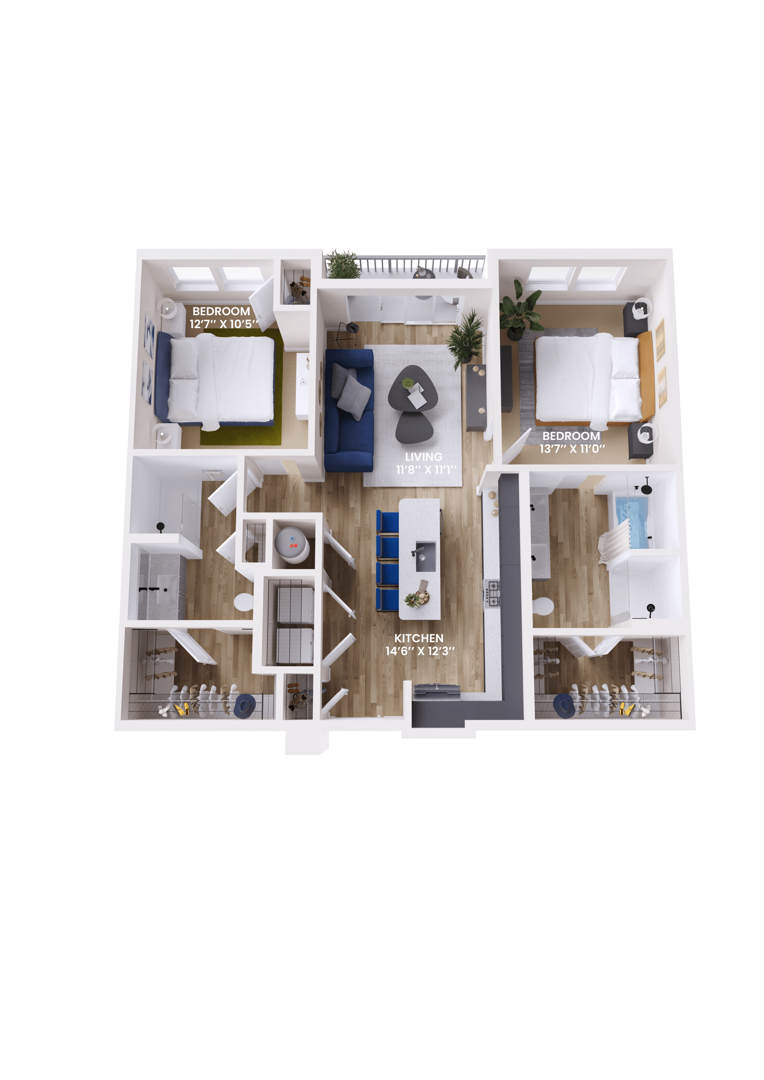 Floor plan for 2 beds, 2 baths, 1041 sqft